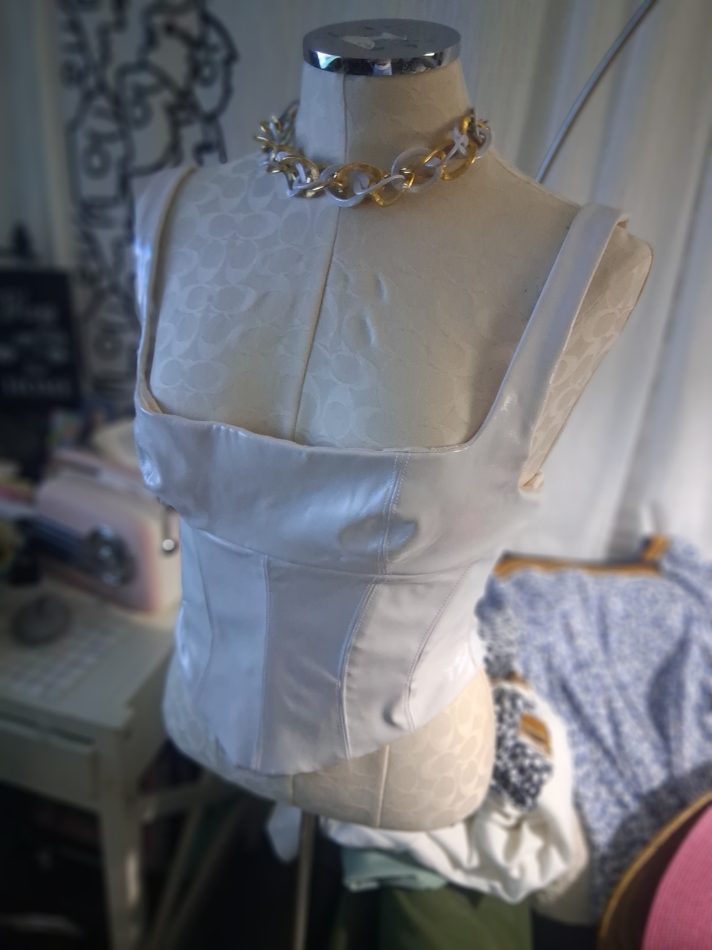 White Faux Leather Square-Neck Corset Top